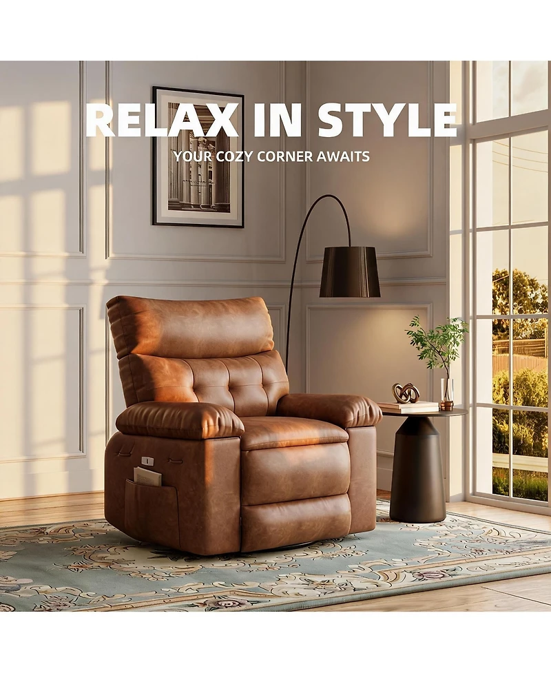 Oversized Pu Leather Rocking Recliner 360 degrees Swivel Electric with Heat and Massage Arms Back Single Sofa for Adults