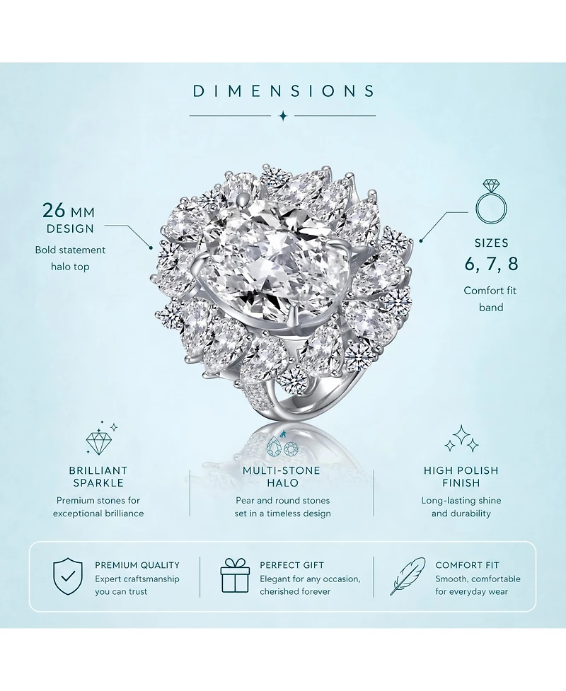 White Gold Plated with Clear Cubic Zirconia Oval Cocktail Snowflake Cluster Ring