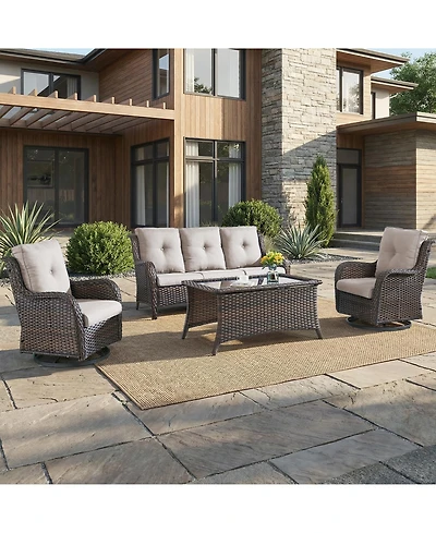 Pocassy Wicker Patio Furniture Set with Coffee Table-4 Pieces All Weather Outdoor High Back Swivel Chairs