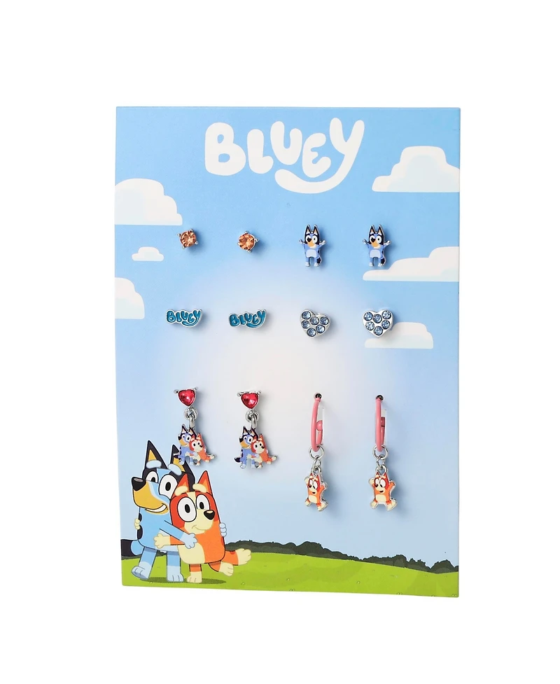 Bluey Earrings Set 6 Pairs Official License, Fashion Studs, Hoops, and Bluey and Bingo Dangle Charm Earrings with Crystals