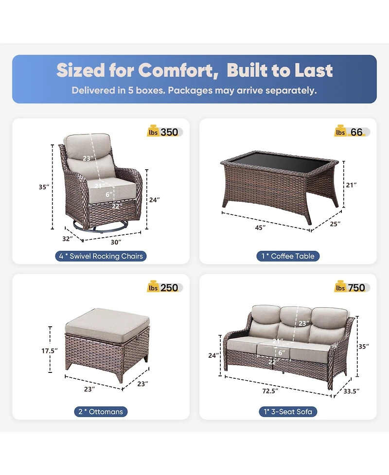 Pocassy 8 Piece Patio Furniture Sets with 3-Seat Sofa 4 Swivel Rocking Armchairs 2 Ottoman and Table Wicker Outdoor Conversation Set
