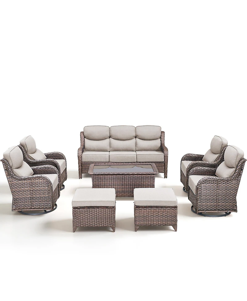 Pocassy 8 Piece Patio Furniture Sets with 3-Seat Sofa 4 Swivel Rocking Armchairs 2 Ottoman and Table Wicker Outdoor Conversation Set