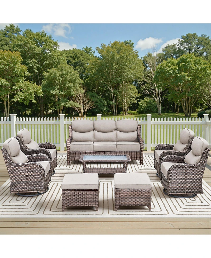Pocassy 8 Piece Outdoor Wicker Conversation Set with Thick Cushions, High Back Rattan Sofaand Swivel Rocker Chairs, Weather Resistant Olefin Fabric