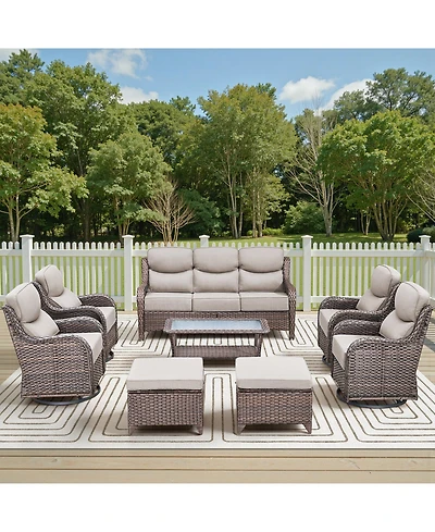 Pocassy 8 Piece Outdoor Wicker Conversation Set with Thick Cushions, High Back Rattan Sofaand Swivel Rocker Chairs, Weather Resistant Olefin Fabric