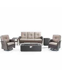 Pocassy 6-Piece Patio Furniture Set with Fire Pit Kit,Wicker Outdoor Swivel Rocker Chairs Sofa for Backyard,Poolside