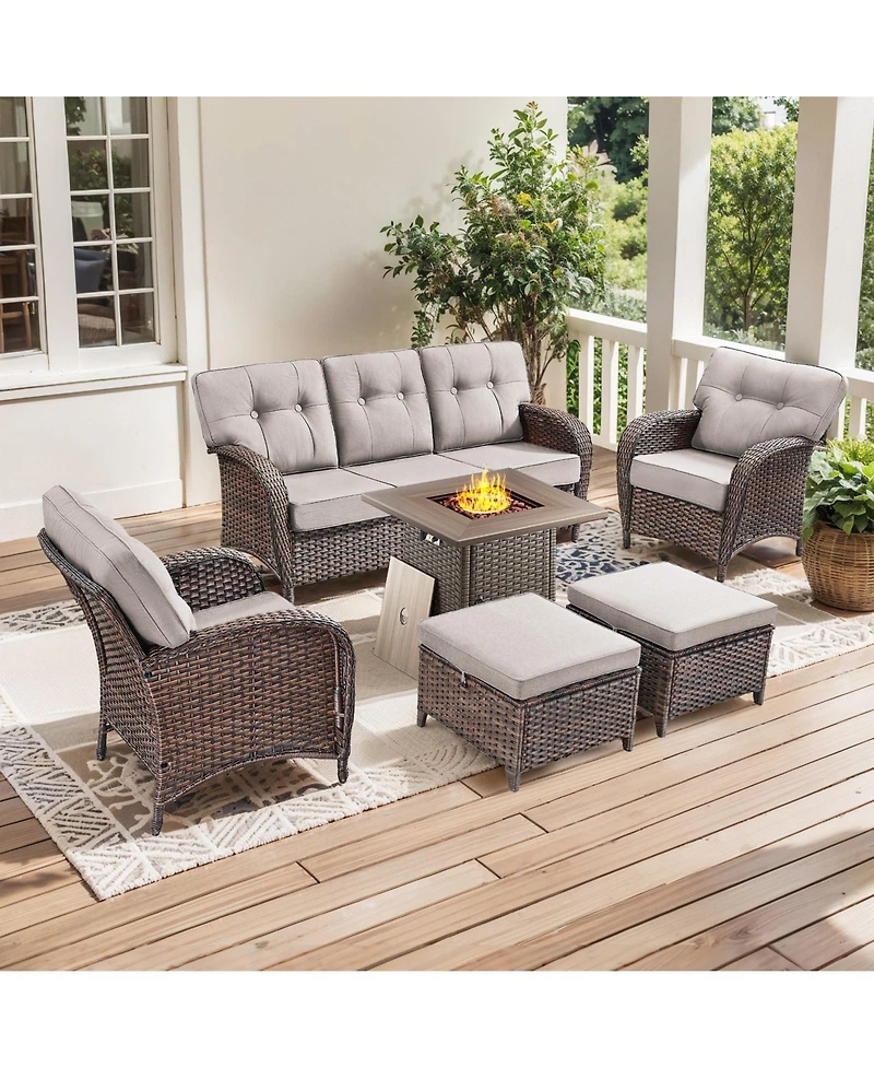 Patio Wicker Furniture Set With Square Fire Pit Table, 6PCS Outdoor Conversation Set, Brown Pe Rattan Chairs Sofa Ottoman