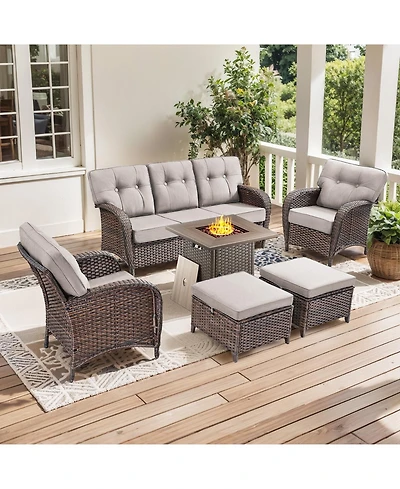 Patio Wicker Furniture Set With Square Fire Pit Table, 6PCS Outdoor Conversation Set, Brown Pe Rattan Chairs Sofa Ottoman