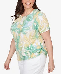Alfred Dunner Plus Tropical Leaf Beaded Neck Ruched T-Shirt