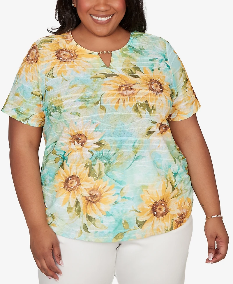 Alfred Dunner Plus Sunflower Split Neck Side Ruched T-Shirt