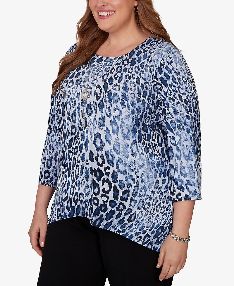 Alfred Dunner Plus Animal Puff Printed Top with Necklace