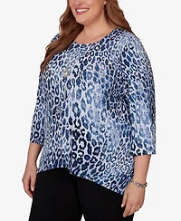 Alfred Dunner Plus Animal Puff Printed Top with Necklace