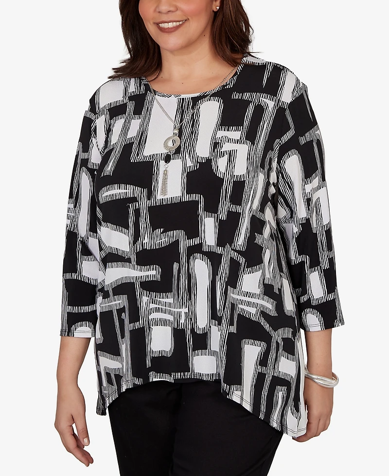 Alfred Dunner Plus Geo Boxes Puff Printed Top with Necklace