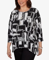 Alfred Dunner Plus Geo Boxes Puff Printed Top with Necklace