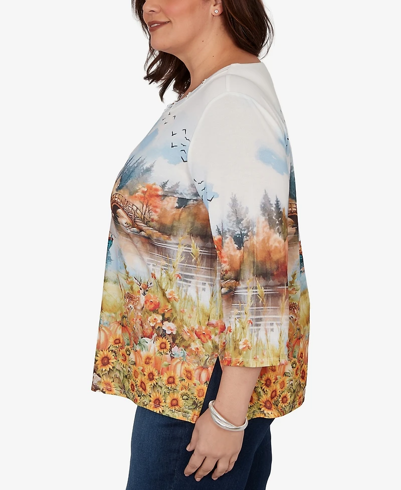 Alfred Dunner Plus Autumn Lake Scenic Print Top