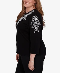 Alfred Dunner Plus Floral Scroll Soutache Sweater