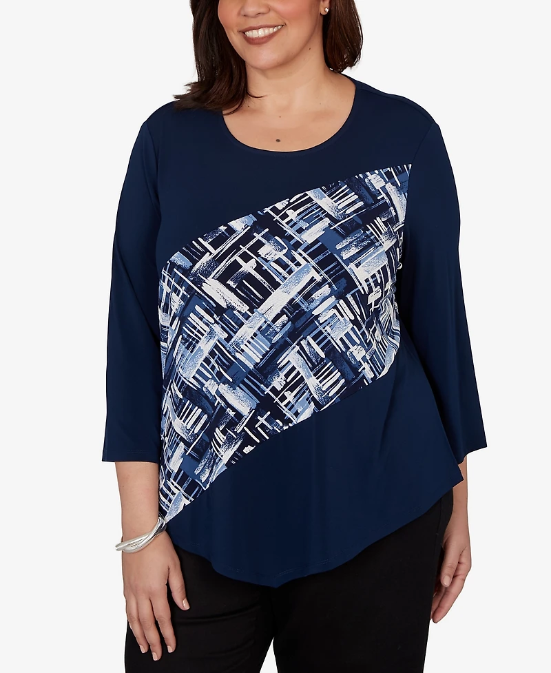 Alfred Dunner Plus Etched Plaid Diagonal Puff Printed Top