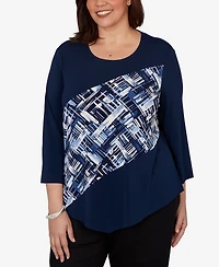 Alfred Dunner Plus Etched Plaid Diagonal Puff Printed Top