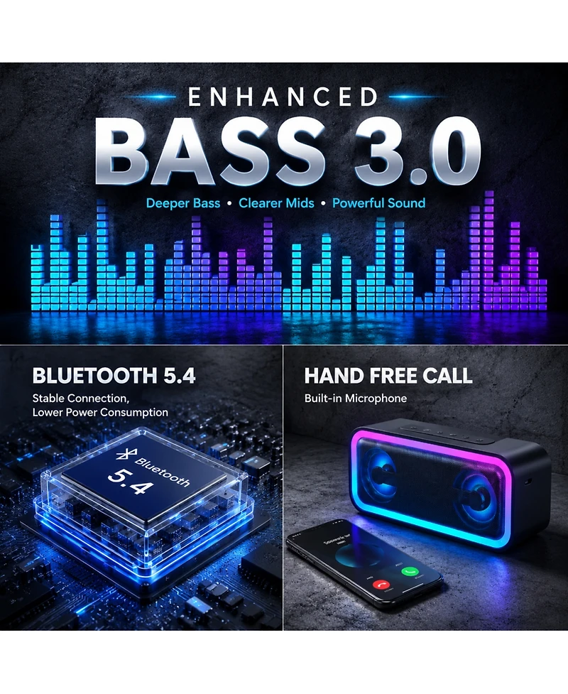 Aronkl Portable Bluetooth Speaker with Rgb Lights 24h Playtime IP67 Waterproof Tws Pairing