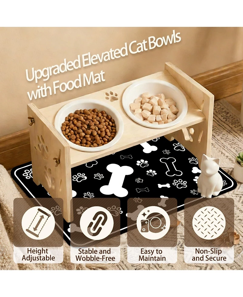 Aronkl Elevated Pet Feeding Stand Adjustable Height Angle Ceramic Bowls with Anti Splash Mat