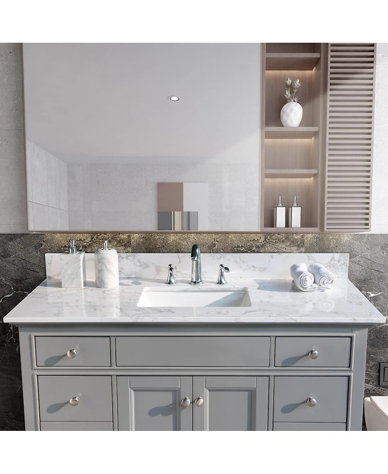 Sillysis 31/37/43 Inch Carrara Marble Stone Vanity Top with Ceramic Undermount Sink and Backsplash, Polished Surface for Vanity Cabinet