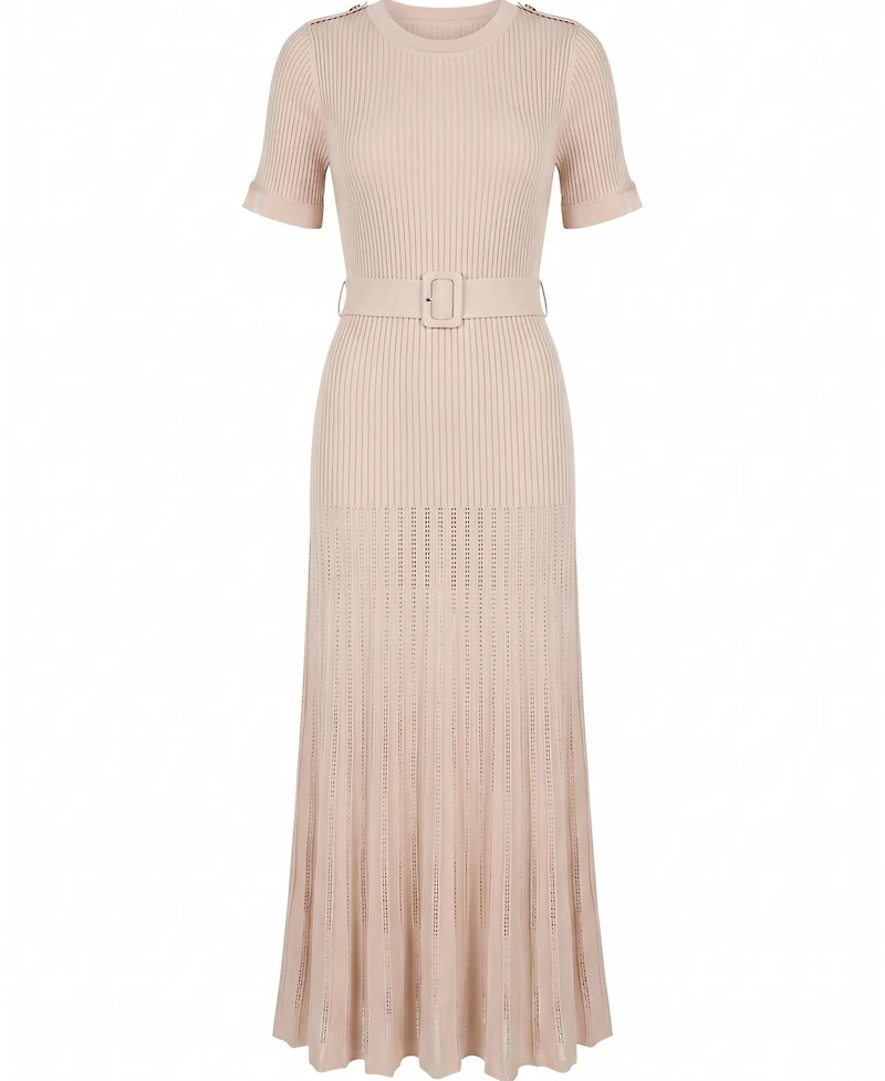 Modenaire Women's Ribbed Knit Belted Pleated Midi Dress