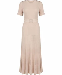 Modenaire Women's Ribbed Knit Belted Pleated Midi Dress
