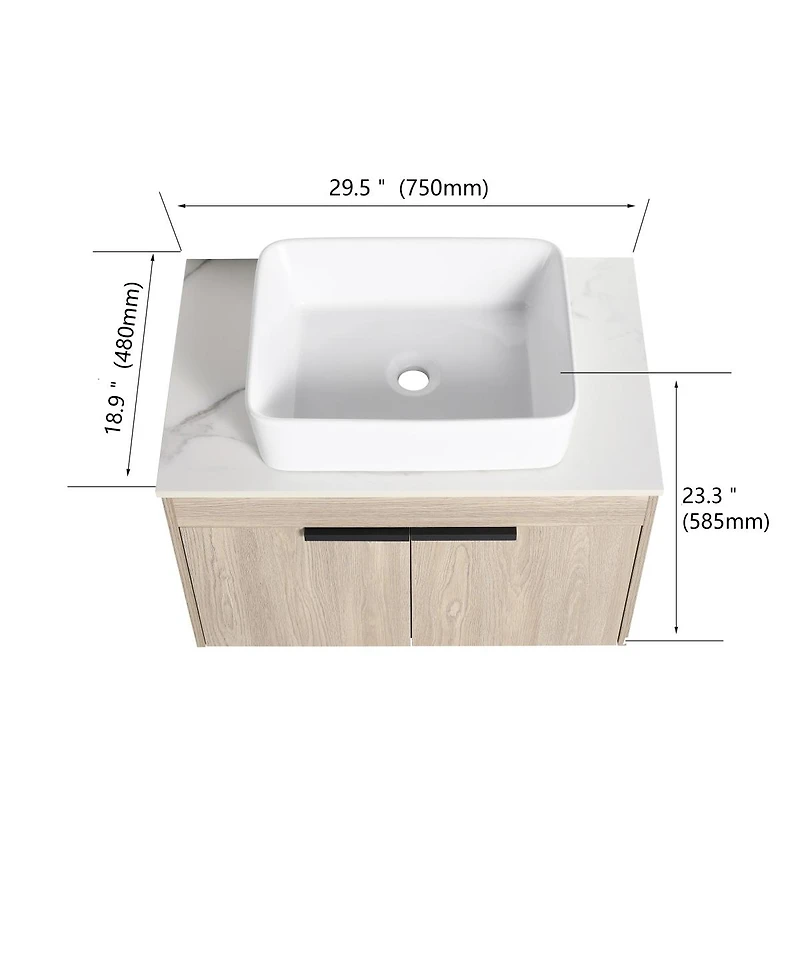 Sillysis Wall Mounted Bathroom Vanity with Ceramic Vessel Sink, Side Storage Shelf, Soft Close Doors