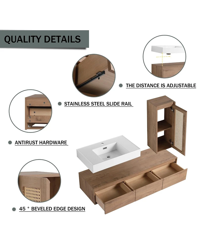 Sillysis 59 Inch Wall Mounted Bathroom Vanity Set with Resin Sink, Soft Close Drawers, Side Cabinet, Modern Floating Storage Solution