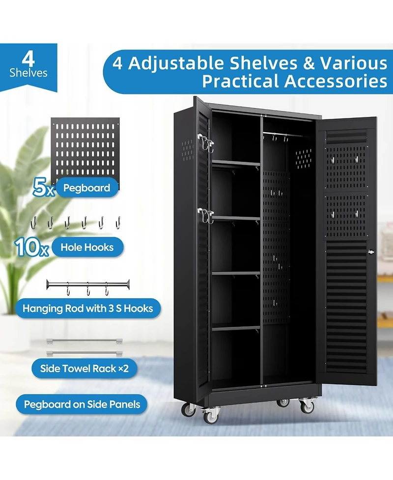 Boyel Living 71" Metal Broom Closet with Wheels, Lockable Cleaning Cabinet with Pegboard and Louvered Doors for Garage