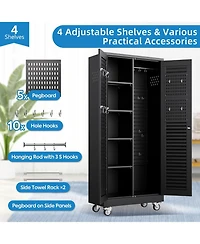 Boyel Living 71" Metal Broom Closet with Wheels, Lockable Cleaning Cabinet with Pegboard and Louvered Doors for Garage