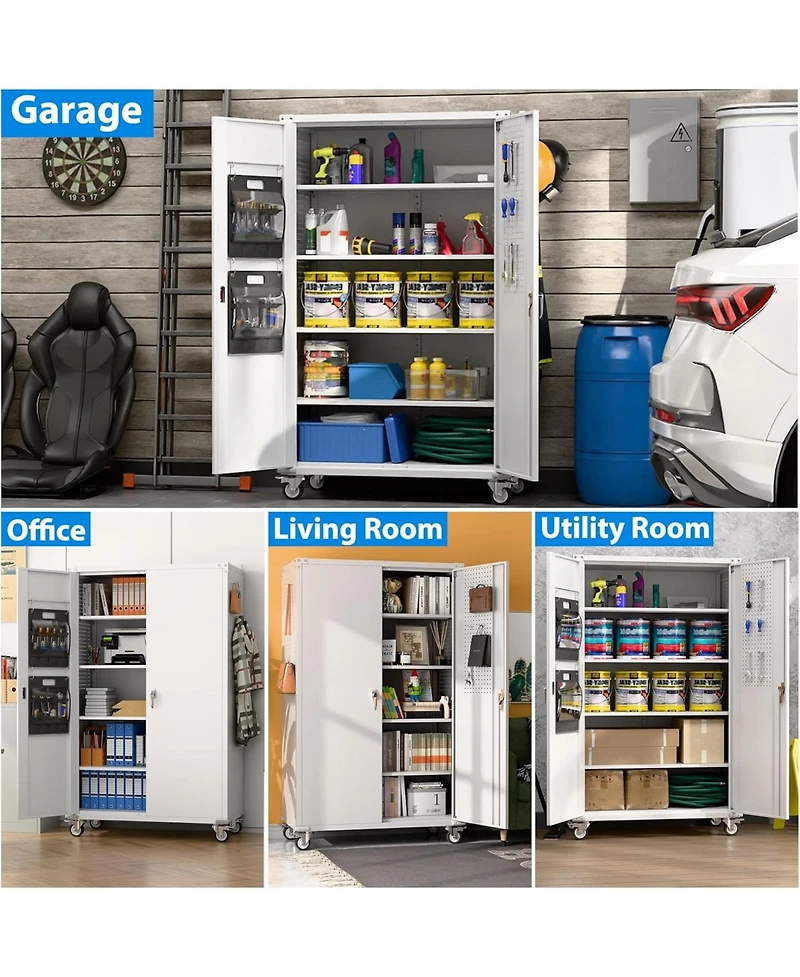 Boyel Living 72" Metal Garage Storage Cabinet with Wheels and Pegboard, Wide Rolling Tool Organizer with Doors