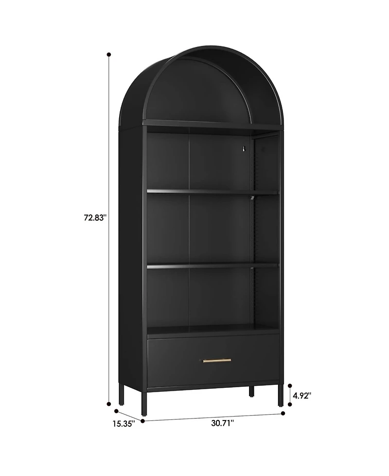 Boyel Living Metal Arched Bookcase Cabinet with Drawer, Tall Bookshelf and Adjustable Shelves for Home Office