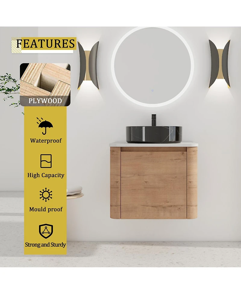 Sillysis 23.6 Inch Wall Mounted Modern Bathroom Vanity with Plywood Cabinet, Stone Countertop