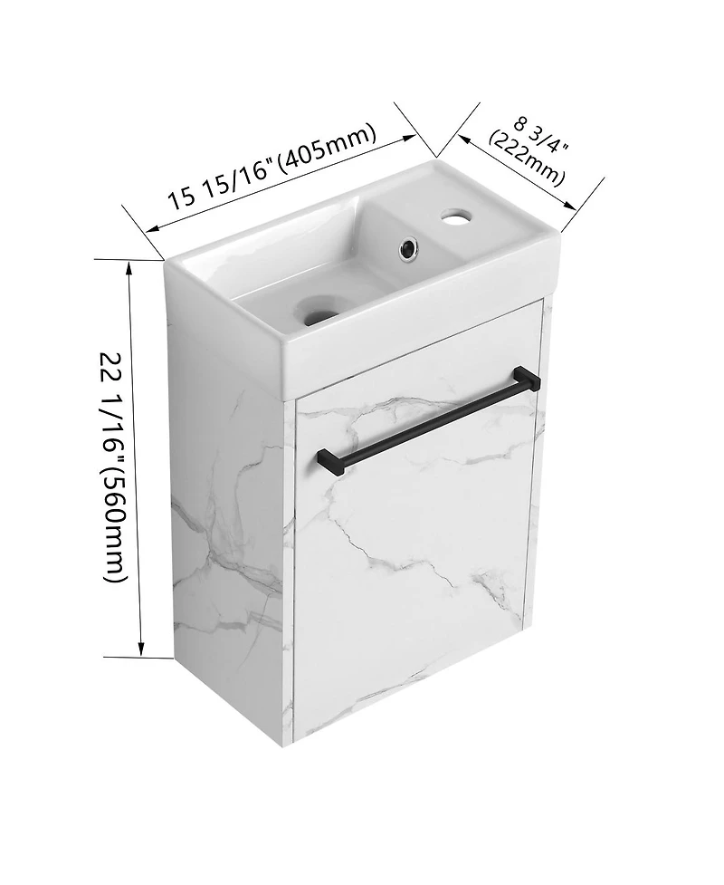 Sillysis 16 Inch Wall Mounted Bathroom Vanity with Ceramic Sink, Soft Close Door, Modern Floating Cabinet for Small Spaces