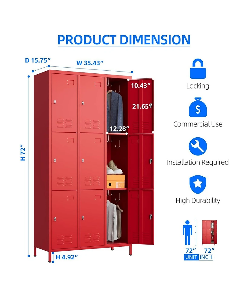 Boyel Living 9-Door Metal Locker with Business Card Holders and Hooks, Vented Employee Storage Cabinet for Gym Office
