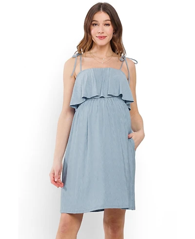 Hello Miz Women's Maternity Sleeveless Tie Shoulder Overlay Dress with Pockets