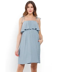 Hello Miz Women's Maternity Sleeveless Tie Shoulder Overlay Dress with Pockets