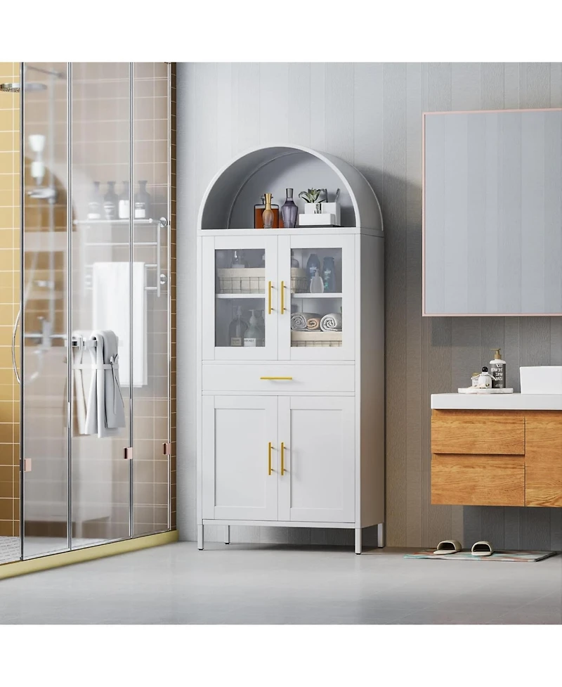 Boyel Living Farmhouse Arched Coffee Bar Cabinet, White Metal Pantry Hutch with Glass Doors and Drawers