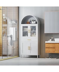 Boyel Living Farmhouse Arched Coffee Bar Cabinet, White Metal Pantry Hutch with Glass Doors and Drawers
