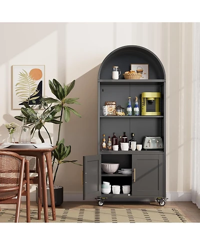 Boyel Living Arched Metal Bookcase with Wheels, Modern Display Shelf and Cabinet with Gold Handles and Glass Doors
