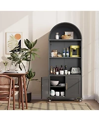 Boyel Living Arched Metal Bookcase with Wheels, Modern Display Shelf and Cabinet with Gold Handles and Glass Doors