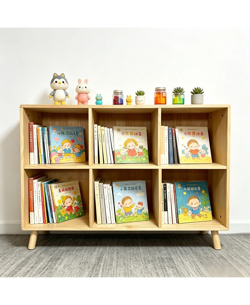 Rainsken 6 Cube Wooden Storage Shelf, with Legs, 2 Tier Cube Low Horizontal Bookcase, for Living Room, Bedroom, Office, Entryway