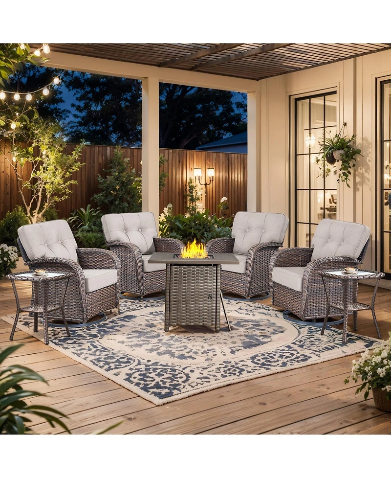 Pocassy 7Pcs Patio Rocking Swivel Chair with Square Fire Pit Table Outdoor Wicker Rattan Bistro Set Tempered Glass Side