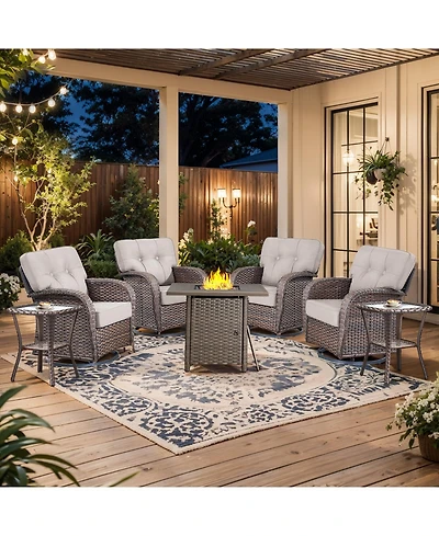Pocassy 7Pcs Patio Rocking Swivel Chair with Square Fire Pit Table Outdoor Wicker Rattan Bistro Set Tempered Glass Side