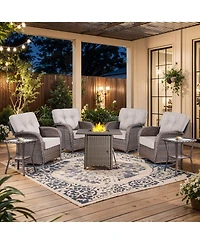 Pocassy 7Pcs Patio Rocking Swivel Chair with Square Fire Pit Table Outdoor Wicker Rattan Bistro Set Tempered Glass Side