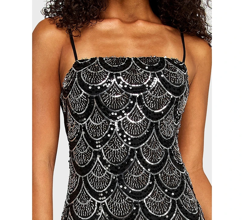 B Darlin Juniors' Square Neck Beaded Detail Chiffon Back-Tie Sequin Dress
