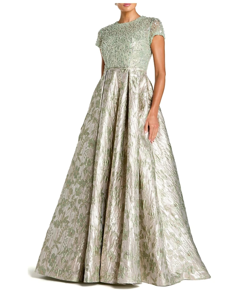 Mac Duggal Women's Beaded Cap Sleeve Ball Gown with Metallic Brocade Skirt