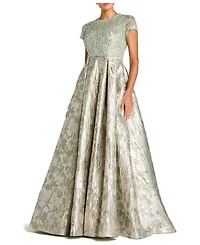 Mac Duggal Women's Beaded Cap Sleeve Ball Gown with Metallic Brocade Skirt