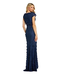 Mac Duggal Women's Petite Floral Applique Boat Neck Cap Sleeve Gown