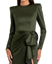 Mac Duggal Women's Petite Long Sleeve Satin Structured Bow Draped Column Gown